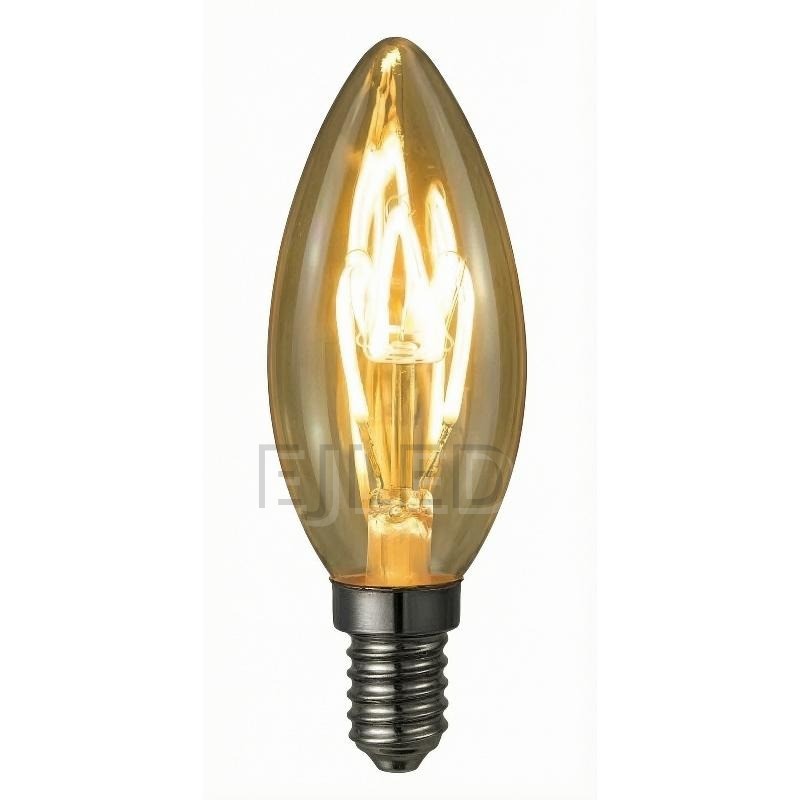 This candle shape soft filament LED bulb features an amber glass shade and vintage style lighting. It provides efficient illumination for commercial and residential decorative applications.