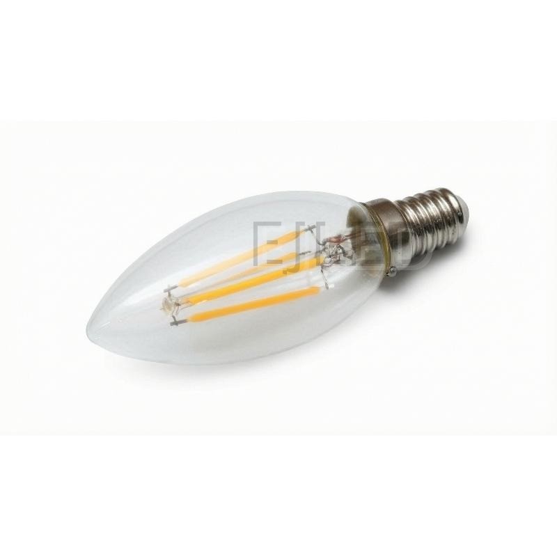 This clear glass candle filament LED bulb features a classic candle shape with visible internal filaments for decorative lighting applications.