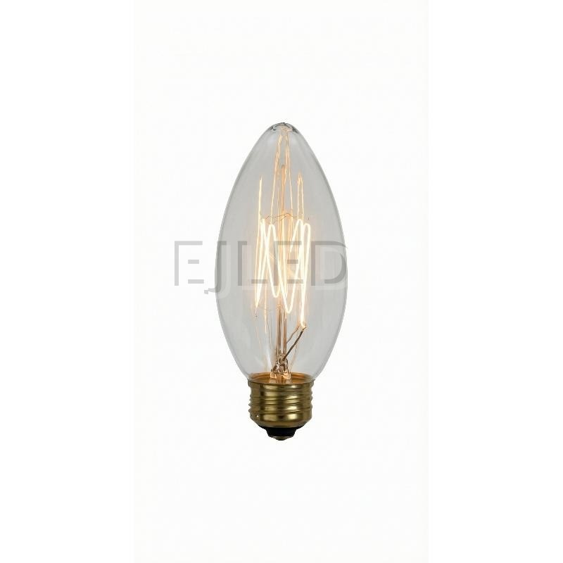 This incandescent bulb features a pointed candle shade in clear glass and a brass screw base, housing a visible tungsten filament. Model C35L-40W.