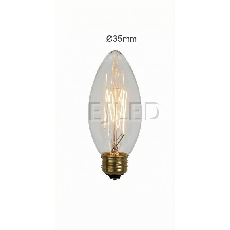 This incandescent bulb features a pointed candle shade in clear glass and a brass screw base, housing a visible tungsten filament. Model C35L-40W. - view 4