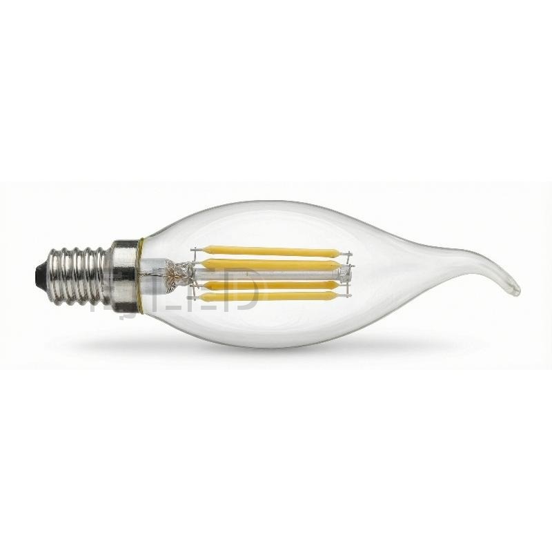 This clear glass tail shaped LED filament bulb features visible linear filaments and a standard threaded screw base for decorative lighting.