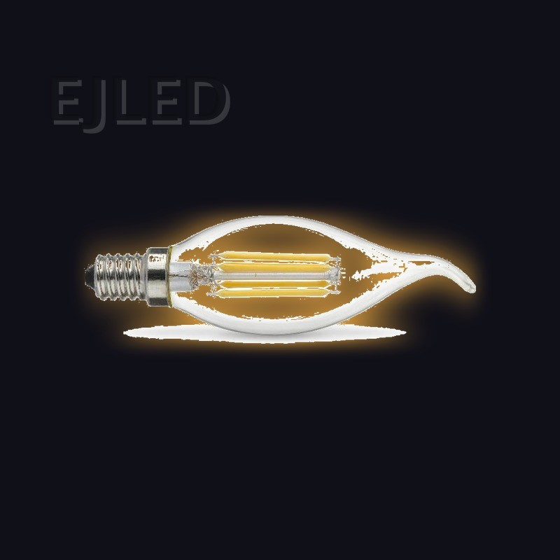 This clear glass tail shaped LED filament bulb features visible linear filaments and a standard threaded screw base for decorative lighting. - view 2