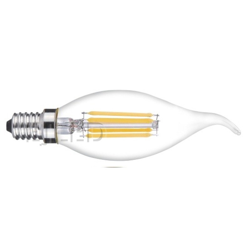 This clear glass tail shaped LED filament bulb features visible linear filaments and a standard threaded screw base for decorative lighting. - view 6