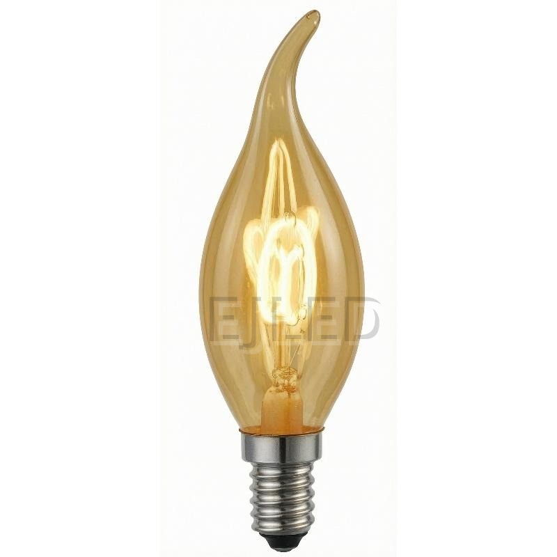 This amber glass flame tip LED filament bulb combines vintage styling with efficient lighting, featuring a decorative curved tail design.