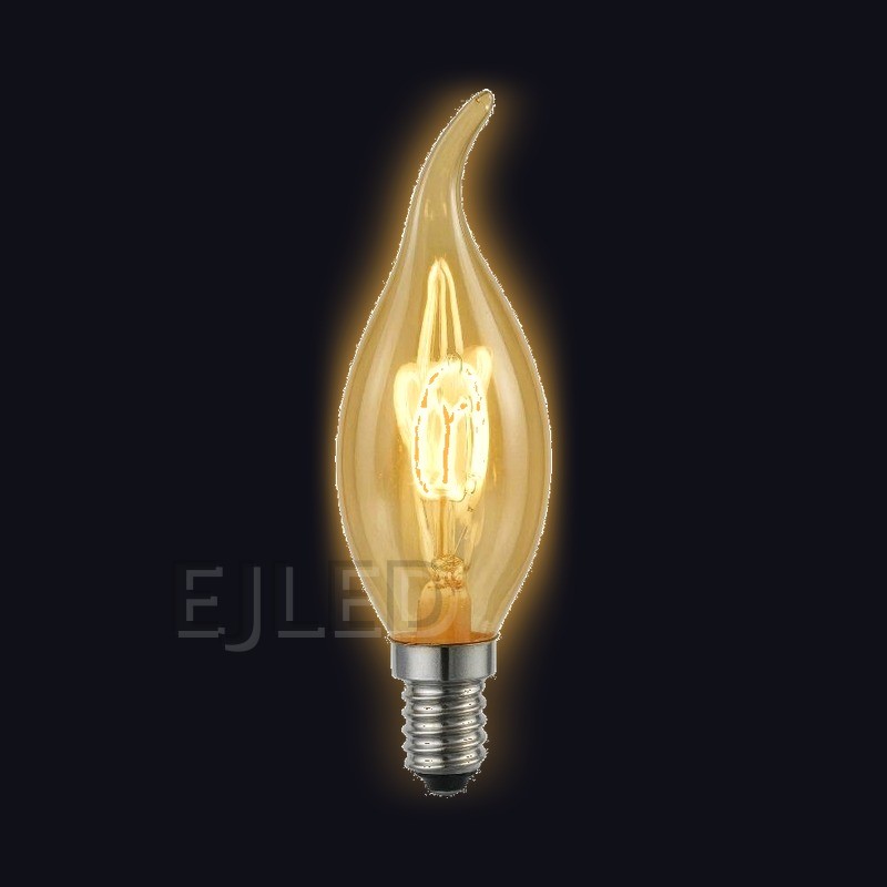 This amber glass flame tip LED filament bulb combines vintage styling with efficient lighting, featuring a decorative curved tail design. - view 2