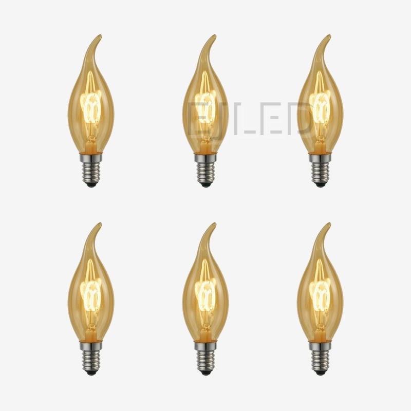 This amber glass flame tip LED filament bulb combines vintage styling with efficient lighting, featuring a decorative curved tail design. - view 5
