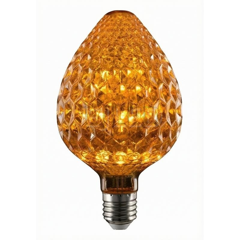 This amber glass C95-165 Starry LED bulb features a faceted acorn shape and a standard screw base for decorative lighting applications.