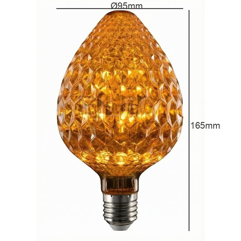 This amber glass C95-165 Starry LED bulb features a faceted acorn shape and a standard screw base for decorative lighting applications. - view 4
