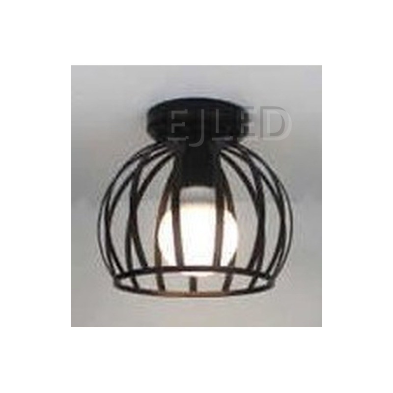 This black metal cage ceiling light features an open spherical shade that houses a single white globe lamp for direct ambient illumination. - view 2