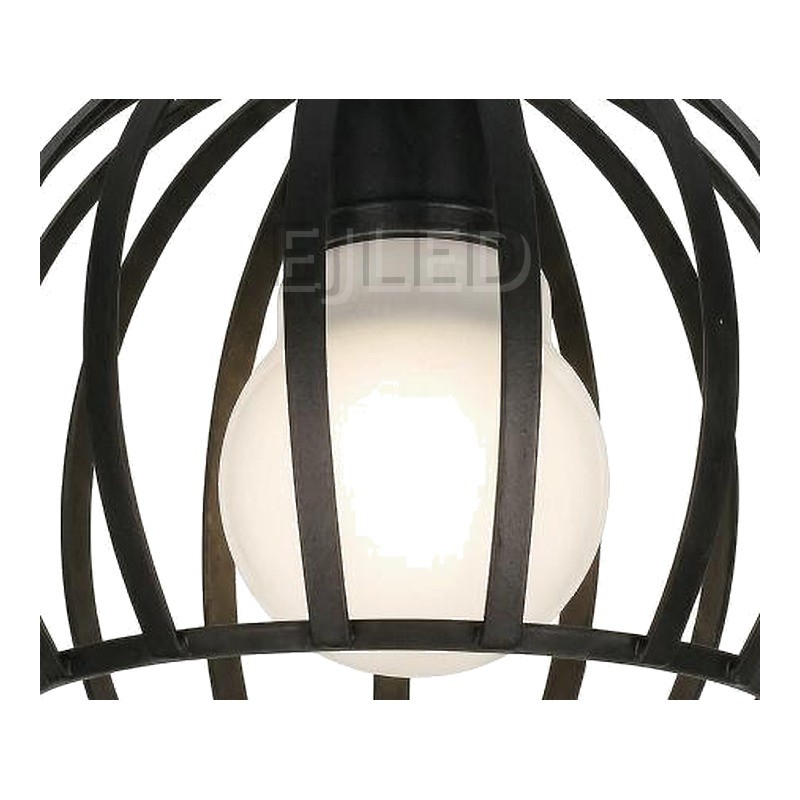 This black metal cage ceiling light features an open spherical shade that houses a single white globe lamp for direct ambient illumination. - view 3