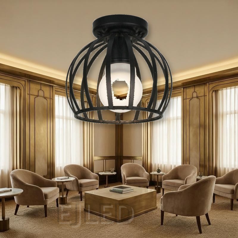 This black metal cage ceiling light features an open spherical shade that houses a single white globe lamp for direct ambient illumination. - view 4