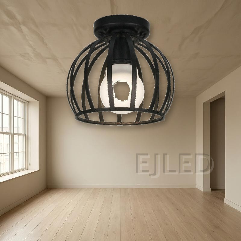 This black metal cage ceiling light features an open spherical shade that houses a single white globe lamp for direct ambient illumination. - view 5
