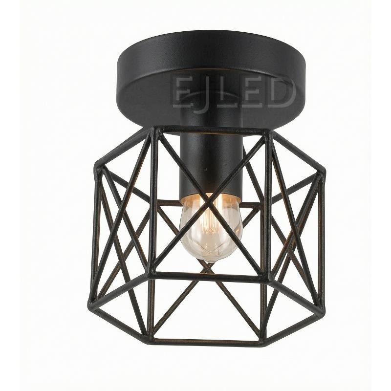 This surface mounted ceiling light features a black metal wire cage shade with a geometric framework and a single exposed bulb inside.