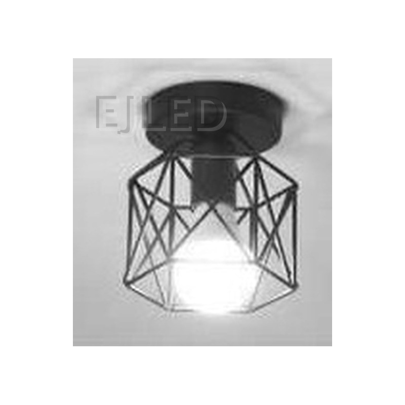 This surface mounted ceiling light features a black metal wire cage shade with a geometric framework and a single exposed bulb inside. - view 2
