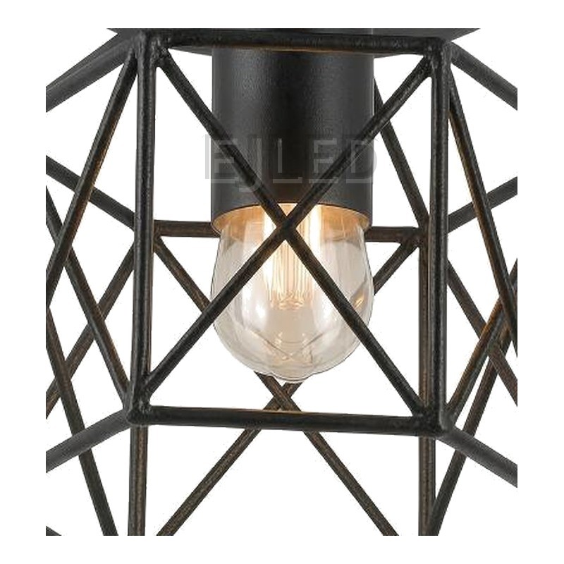 This surface mounted ceiling light features a black metal wire cage shade with a geometric framework and a single exposed bulb inside. - view 3