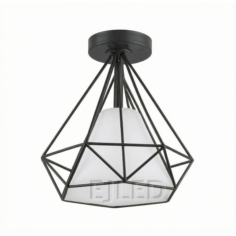 This black metal ceiling light features a geometric wire cage frame enclosing a white conical shade. It mounts directly to the ceiling with a round canopy.