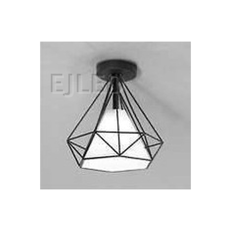 This black metal ceiling light features a geometric wire cage frame enclosing a white conical shade. It mounts directly to the ceiling with a round canopy. - view 2