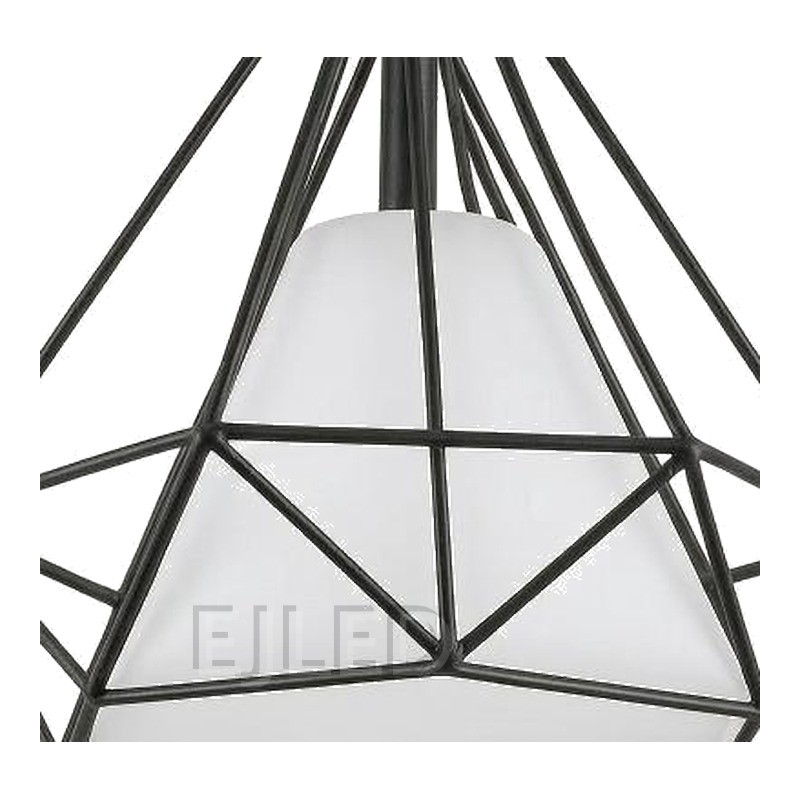 This black metal ceiling light features a geometric wire cage frame enclosing a white conical shade. It mounts directly to the ceiling with a round canopy. - view 3