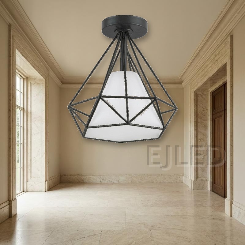This black metal ceiling light features a geometric wire cage frame enclosing a white conical shade. It mounts directly to the ceiling with a round canopy. - view 4