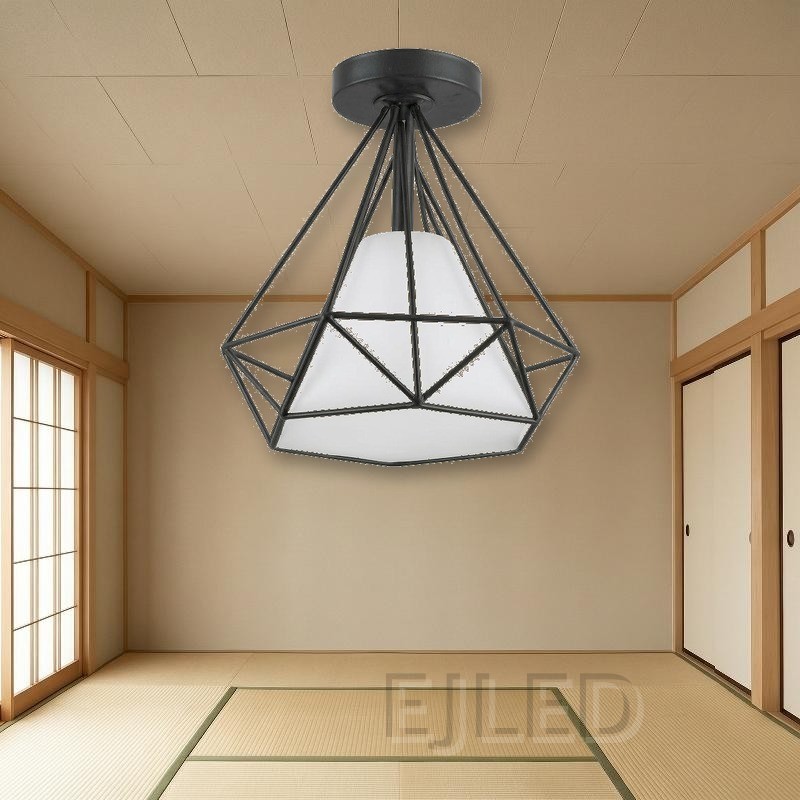 This black metal ceiling light features a geometric wire cage frame enclosing a white conical shade. It mounts directly to the ceiling with a round canopy. - view 5
