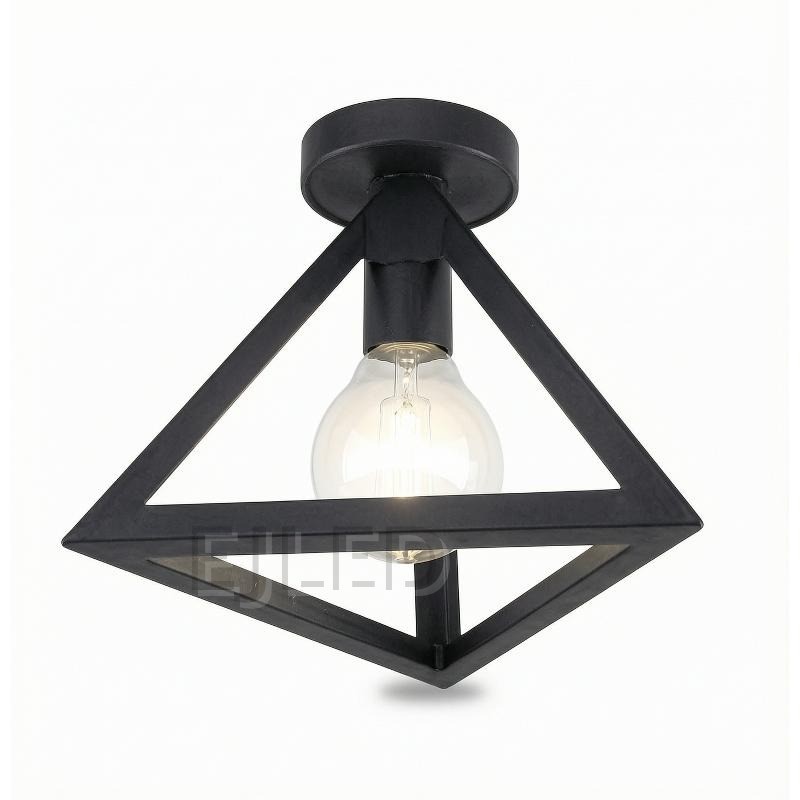 This black metal ceiling light features a geometric open frame shade housing a single exposed bulb. It mounts directly to the ceiling for a modern industrial look.