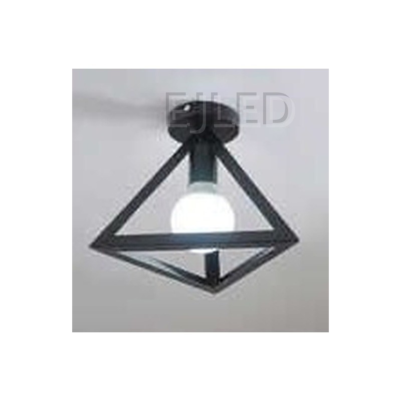This black metal ceiling light features a geometric open frame shade housing a single exposed bulb. It mounts directly to the ceiling for a modern industrial look. - view 2