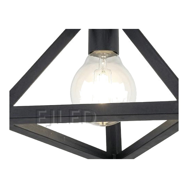 This black metal ceiling light features a geometric open frame shade housing a single exposed bulb. It mounts directly to the ceiling for a modern industrial look. - view 3