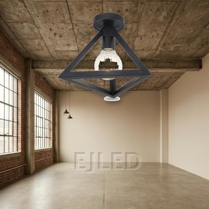 This black metal ceiling light features a geometric open frame shade housing a single exposed bulb. It mounts directly to the ceiling for a modern industrial look. - view 5