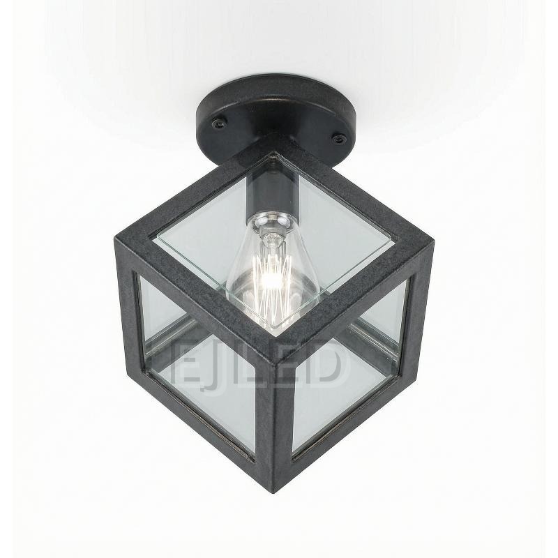This black metal ceiling light features a geometric cube shade with glass panels and a single exposed vintage-style LED bulb.