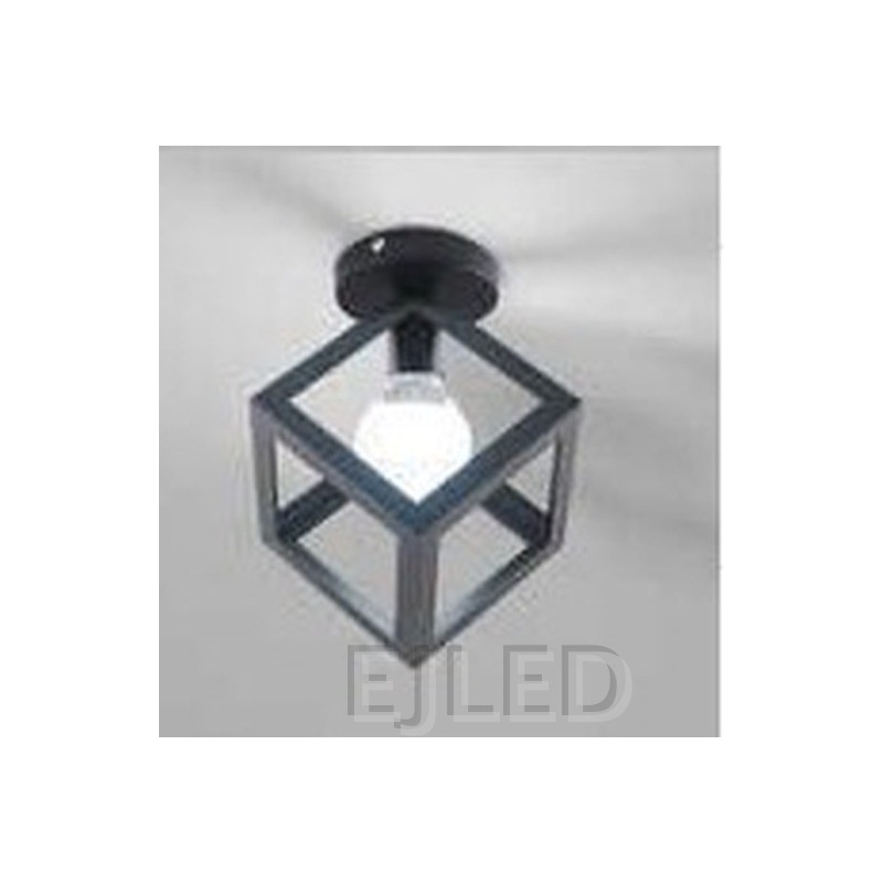 This black metal ceiling light features a geometric cube shade with glass panels and a single exposed vintage-style LED bulb. - view 2