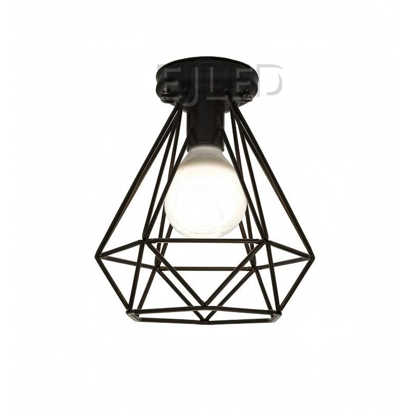 This black metal ceiling light features a geometric wire cage shade that exposes a single lamp. It mounts directly to the ceiling for a clean industrial look.