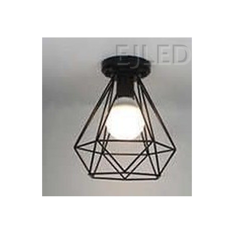This black metal ceiling light features a geometric wire cage shade that exposes a single lamp. It mounts directly to the ceiling for a clean industrial look. - view 2