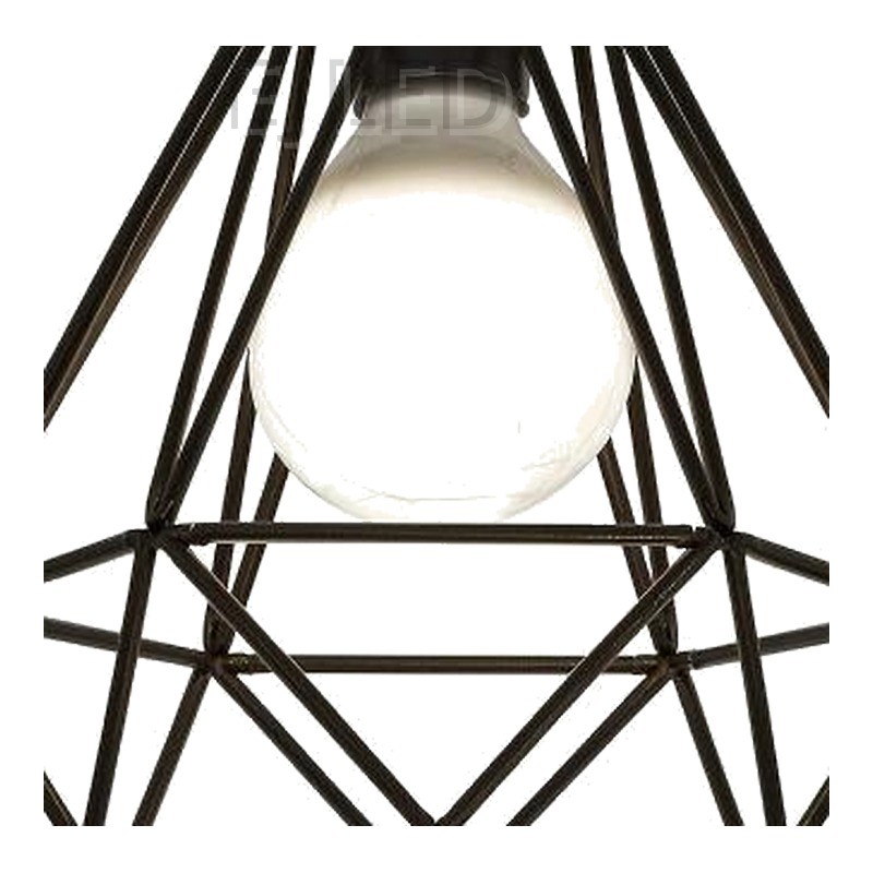 This black metal ceiling light features a geometric wire cage shade that exposes a single lamp. It mounts directly to the ceiling for a clean industrial look. - view 3