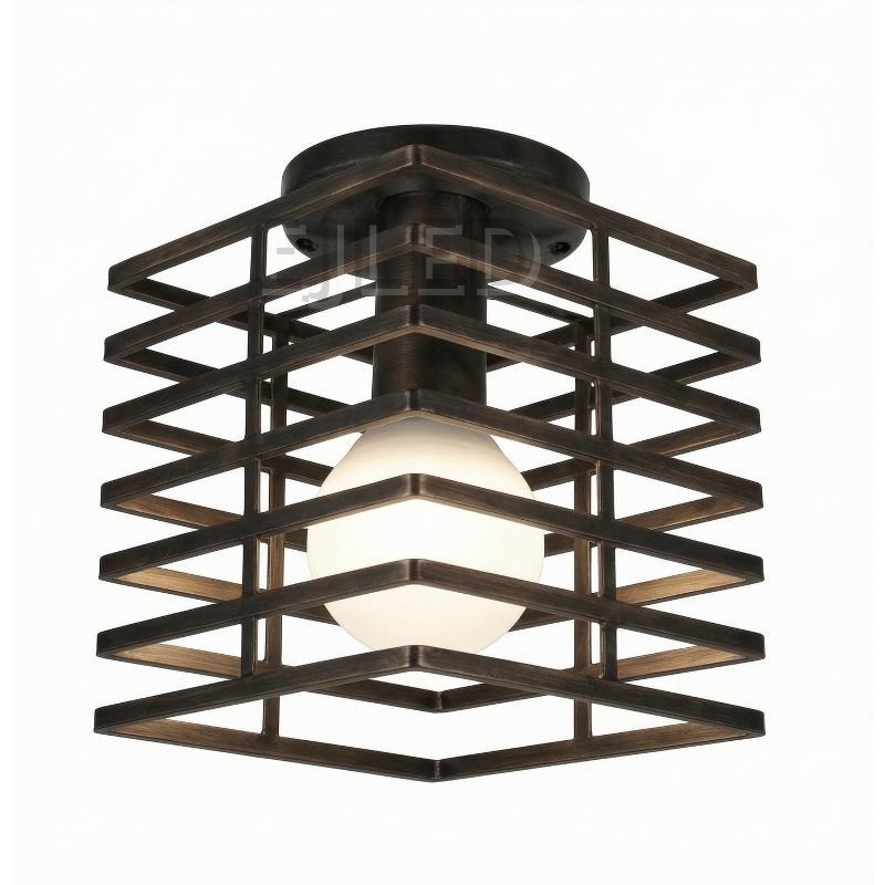 This dark bronze metal ceiling light features an open cage shade constructed from stacked horizontal and diagonal bands, housing a single exposed globe bulb.
