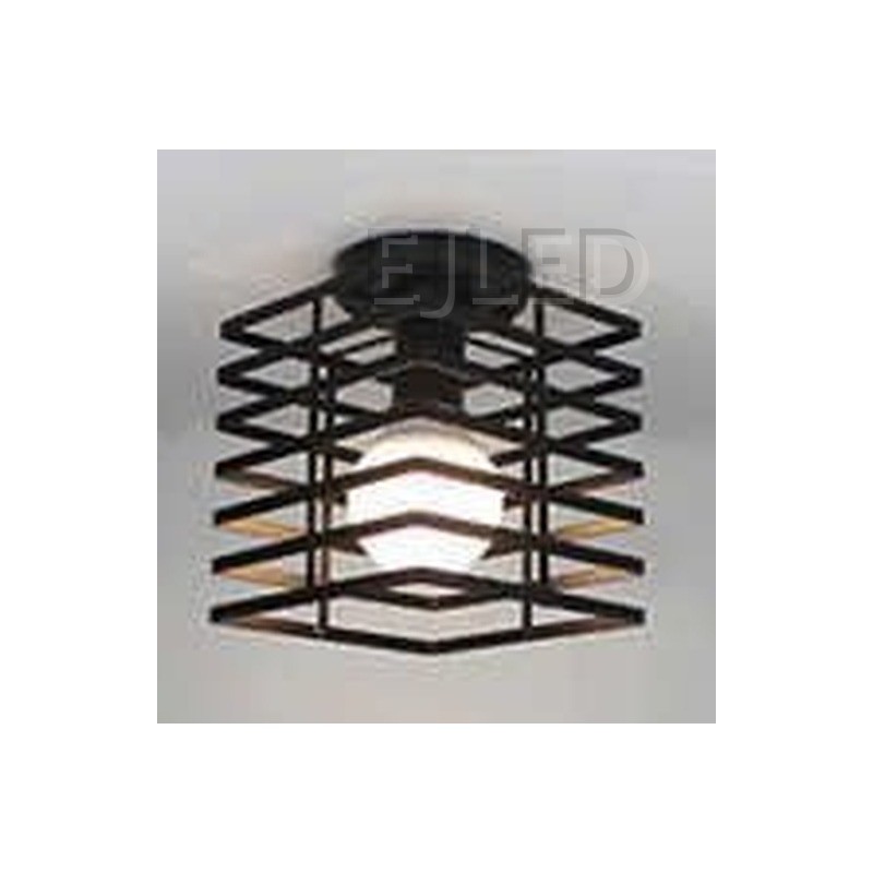 This dark bronze metal ceiling light features an open cage shade constructed from stacked horizontal and diagonal bands, housing a single exposed globe bulb. - view 2