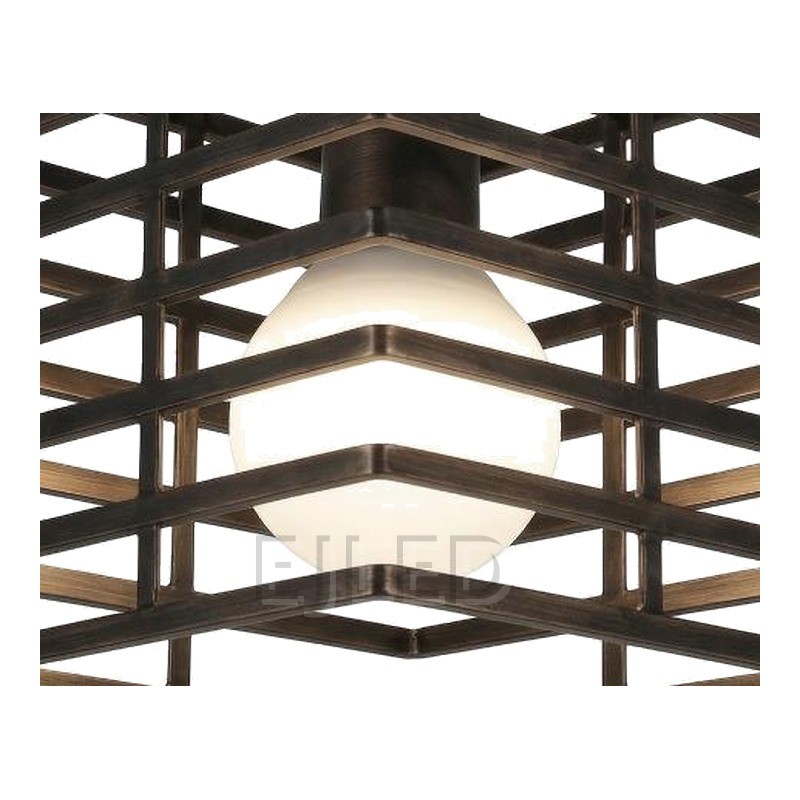 This dark bronze metal ceiling light features an open cage shade constructed from stacked horizontal and diagonal bands, housing a single exposed globe bulb. - view 3