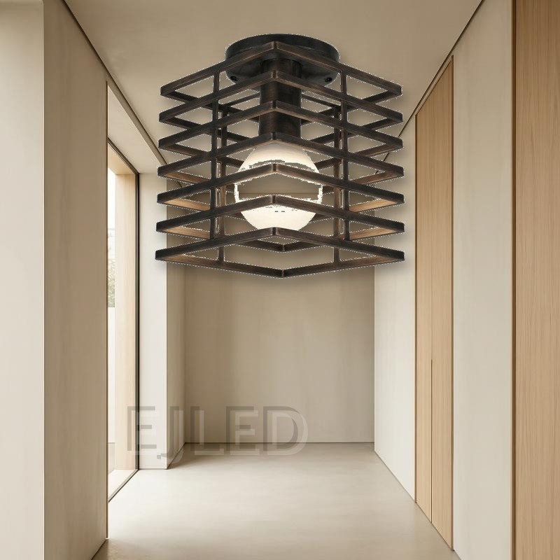 This dark bronze metal ceiling light features an open cage shade constructed from stacked horizontal and diagonal bands, housing a single exposed globe bulb. - view 4