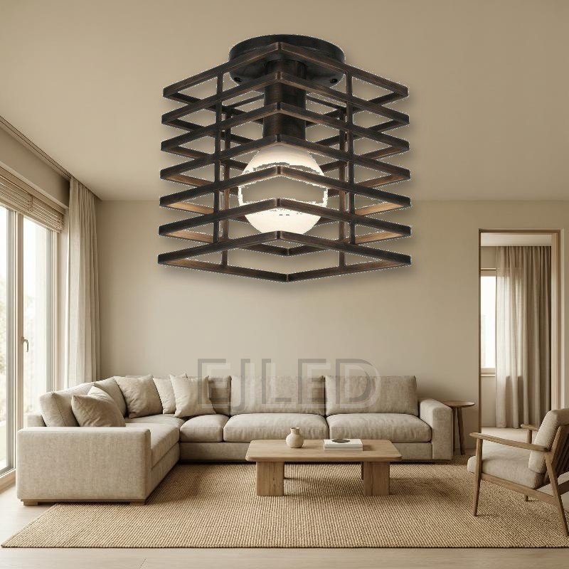 This dark bronze metal ceiling light features an open cage shade constructed from stacked horizontal and diagonal bands, housing a single exposed globe bulb. - view 5