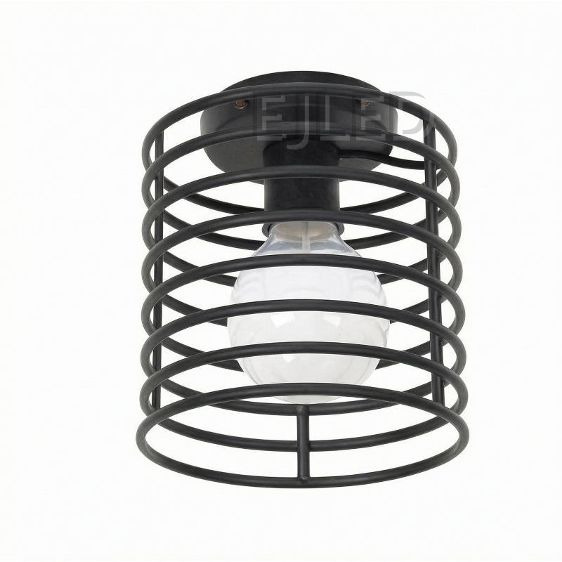 This black metal wire cage ceiling light features a cylindrical open shade and holds a single exposed globe bulb for commercial and residential spaces.
