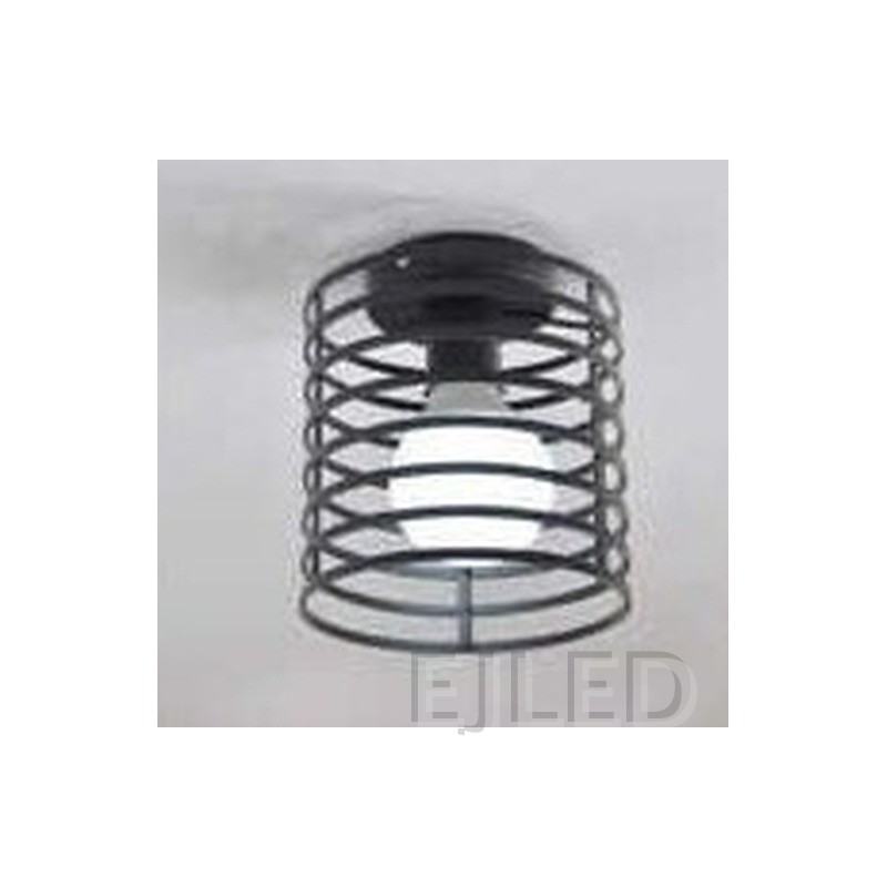 This black metal wire cage ceiling light features a cylindrical open shade and holds a single exposed globe bulb for commercial and residential spaces. - view 2