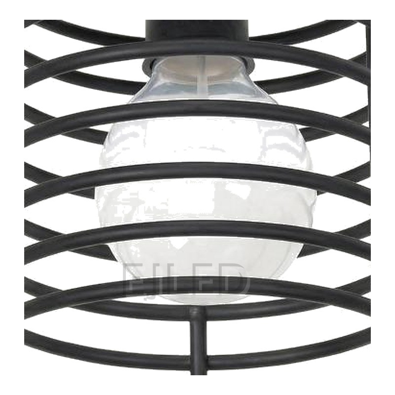 This black metal wire cage ceiling light features a cylindrical open shade and holds a single exposed globe bulb for commercial and residential spaces. - view 3