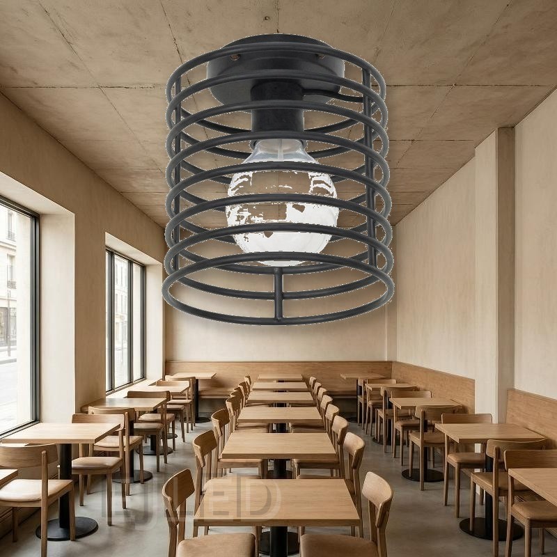 This black metal wire cage ceiling light features a cylindrical open shade and holds a single exposed globe bulb for commercial and residential spaces. - view 4