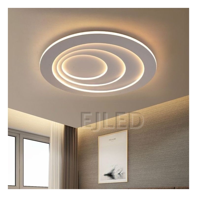 This modern black ceiling light features layered concentric rings with integrated LED lighting for a clean, contemporary look. - view 2