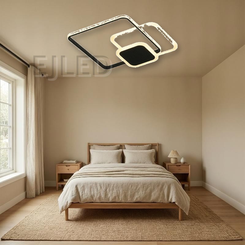 This surface mount ceiling light features interlocking square frames with black and white finishes. It provides integrated LED illumination for modern architectural spaces. - view 4
