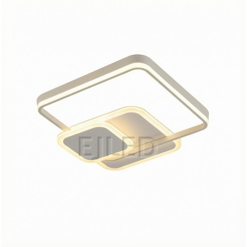 This modern square ceiling light features a layered geometric design with integrated warm LED illumination, finished in a clean neutral tone for contemporary interiors.