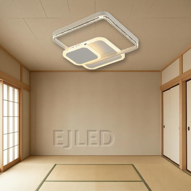 This modern square ceiling light features a layered geometric design with integrated warm LED illumination, finished in a clean neutral tone for contemporary interiors. - view 4