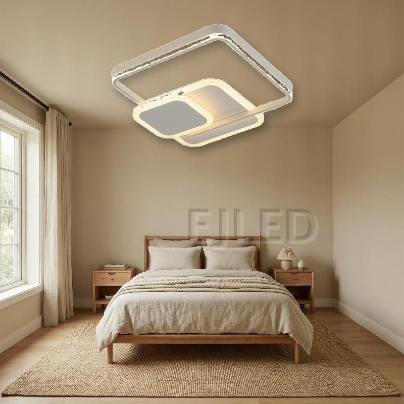This modern square ceiling light features a layered geometric design with integrated warm LED illumination, finished in a clean neutral tone for contemporary interiors. - view 5