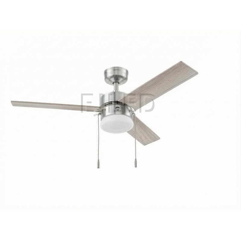 This brushed nickel ceiling fan features three light wood-grain blades, two pull chains, and an integrated white glass shade light kit for homes and commercial spaces.