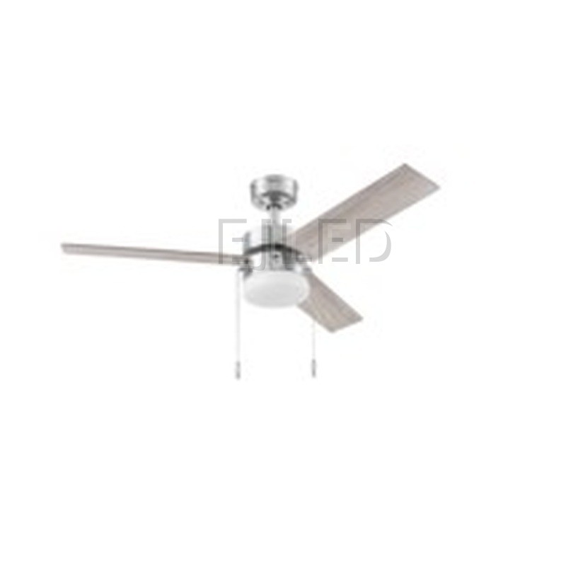This brushed nickel ceiling fan features three light wood-grain blades, two pull chains, and an integrated white glass shade light kit for homes and commercial spaces. - view 2