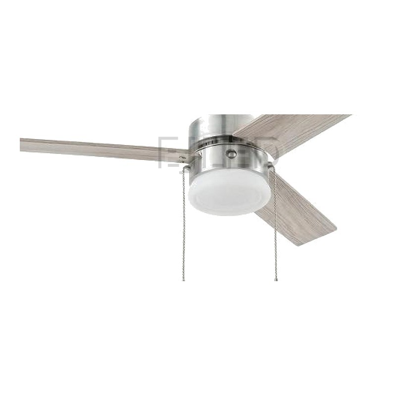 This brushed nickel ceiling fan features three light wood-grain blades, two pull chains, and an integrated white glass shade light kit for homes and commercial spaces. - view 3